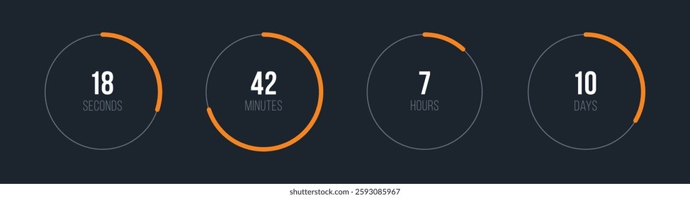 Vector circle countdown timer display. Time counter with seconds, minutes, hours and days. Orange and gray color round display. UI countdown timer. Vector illustration.