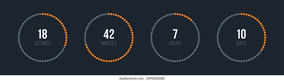 Vector circle countdown timer display. Time counter with seconds, minutes, hours and days. Orange and gray color display. Round UI countdown timer with dotted circles. Vector illustration.