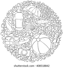 Vector Circle design with different summer vacation icons Ball, camera, sun lotion, boat 