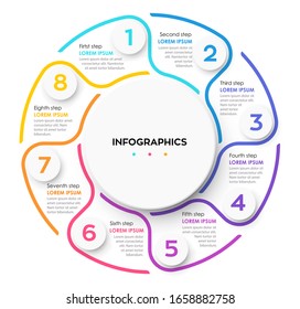 Plantilla de diseño de círculo vectorial para infografías con 8 opciones o pasos. Se puede utilizar para diagrama de procesos, presentaciones, diseño de flujo de trabajo, banner, diagrama de flujo, gráfico de información.