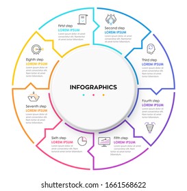 Vector Circle Design Template For Infographics With 8 Options Or Steps.  Can Be Used For Process Diagram, Presentations, Workflow Layout, Banner, Flow Chart, Info Graph.