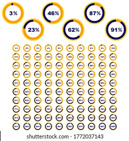 Diagrama de círculo vectorial, gráfico de información, conjunto de 3 a 91 puntos porcentuales