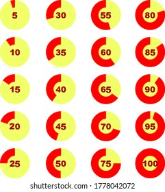 Diagrama de círculo vectorial, gráfico de información, conjunto de 5 a 100 porcentajes, gráfico circular