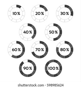 Vector circle diagram, ten steps percentage indicators from 10 to 100 percent, progress indicator for your infographic isolated on a white background