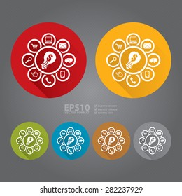 Vector : Circle Dollar Currency Light Bulb With Group of Online Business, Online Marketing Flat Long Shadow Style Icon, Label, Sticker, Sign or Banner