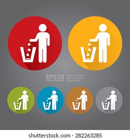 Vector : Circle Dustbin, Litter Bin or Trash Can Long Shadow Style Icon, Label, Sticker, Sign or Banner