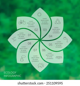 Vector circle eco infographic. Ecology template for diagram, graph, presentation and chart. Environmental care concept with 8 options, parts, steps or processes. Vector blur background