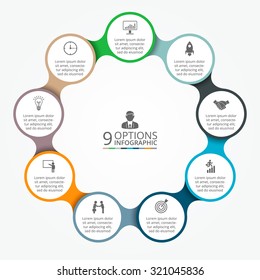 Vector circle element for infographic. Template for cycle diagram, graph, presentation and round chart. Business concept with 9 options, parts, steps or processes. Abstract background.