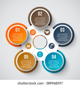 Vector circle element for infographic. Template for cycle diagram, graph, presentation and round chart. Business concept with 5 options, parts, steps or processes. Abstract background.