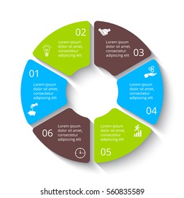 Vector circle element for infographic. Template for cycle diagram, graph, presentation and round chart. Business concept with 6 options, parts, steps or processes. Abstract background.