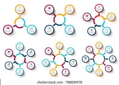 Vector circle elements with arrows for infographic. Template for cycle diagram, graph, presentation and chart. Business concept with 3, 4, 5, 6, 7 and 8 options, parts, steps or processes.