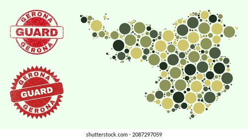 Vector circle elements collage Gerona Province map in camo hues, and rubber stamps for guard and military services. Round red watermarks have phrase GUARD inside.