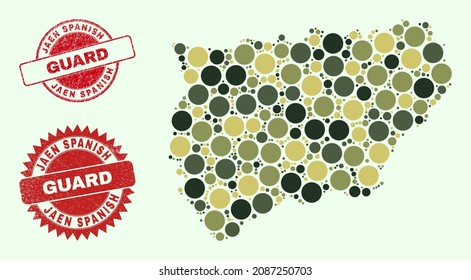 Vector circle elements collage Jaen Spanish Province map in camouflage colors, and rubber stamp prints for guard and military services. Round red seals contain phrase GUARD inside.