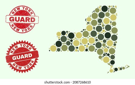 Vector circle elements collage New York State map in camouflage colors, and unclean stamp seals for guard and military services. Round red imprints contain phrase GUARD inside.