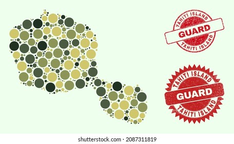 Vector circle elements composition Tahiti Island map in camouflage hues, and textured stamp prints for guard and military services. Round red stamp seals contain word GUARD inside.