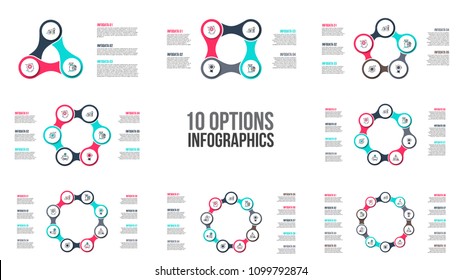 Vector circle elements for infographic. Template for cycle diagram, graph, presentation and round chart. Business concept with 3, 4, 5, 6, 7, 8, 9 and 10 options, parts, steps or processes.