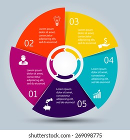 Vector circle elements for infographic. Template for cycling diagram, graph, presentation and round chart. Business concept with 5 options, parts, steps or processes. Abstract background