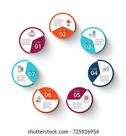 Vector circle elements for infographic. Template for cycle diagram, graph, presentation and round chart. Business concept with 7 options, parts, steps or processes. Line icons.