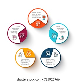 Vector circle elements for infographic. Template for cycle diagram, graph, presentation and round chart. Business concept with 5 options, parts, steps or processes. Line icons.