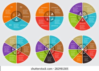 Vector circle elements set for infographic. Template for cycling diagram, graph, presentation. Business concept with 3, 4, 5, 6, 7 and 8 options, parts, steps or processes. Abstract background.