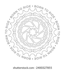 Vektor-Kreis emblem Fahrradteile. Text: Geboren zum reiten. Weißer Hintergrund.