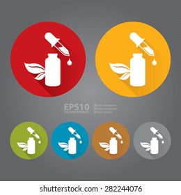 Vector: Circle aceite esencial o suero orgánico plana larga sombra estilo icono, etiqueta, pegatina, signo o Anuncio