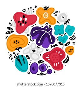 Vector circle floral composition includes hand drawn abstract shapes with different spot and decorative elements. Abstract flowers. Freehand doodle style. Cover, card, label, sticker, print on clothes