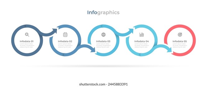 Vector circle flowchart label design with arrows for business process. Timeline connected with 5 steps or options.