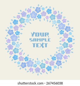 Vector circle flower frame. Simple original border with text box. Cute floral hand drawn blue illustration for print, web