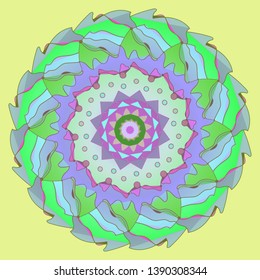 VECTOR CIRCLE FLOWER MANDALA IN LIGHT COLORS, GRENN,BLUE, PURPLE WITH A PLANE YELLOW BACKGROUND.VINTAGE STYLE