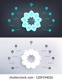 Vector circle flower petals infographics chart with web icons. Grey, black, neon colors