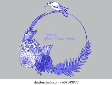 Vector circle flowers, butterfly and bird background for text