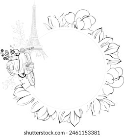 Vector circle flowers frame, template of Eiffel Tower. Magnolia springtime romantic in Paris for greeting card, print with hand drawn. France famous symbol. Black silhouette for circuit