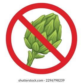 Vector circle forbidden sign with hand drawn artichokes isolated from background. Allergy danger. Red prohibited sticker with cabbage healthy vegetables. Food clipart in ban.