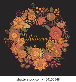 Vector circle frame, autumn wreath made of flowers. Circle decoration. Wreath illustration made of flowers and herbs. Spring elements. Floral doodles wreath.