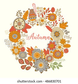 Vector circle frame, autumn wreath made of flowers.