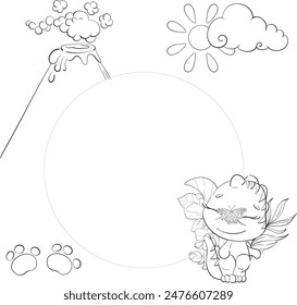 Vector circle frame -baby dinosaur with palm leaves, tyrannosaur for nursery, newborn. Cartoon animal for kids design. Jurassic period. Black silhouette for circuit