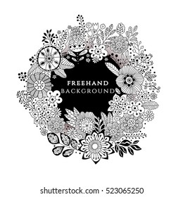 Vector circle frame, black and white wreath made of flowers. Circle decoration. Wreath illustration made of flowers and herbs. Spring elements. Floral doodles wreath.
