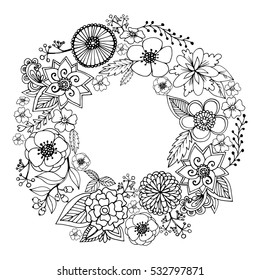 Vector circle frame, black and white wreath made of flowers. Circle decoration. Wreath illustration made of flowers and herbs. Spring elements. Floral doodles wreath.