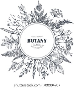 Vector Circle Frame With Black And White Hand Drawn Herb And Wildflower Elements For Wedding Invitations, Birthday Cards