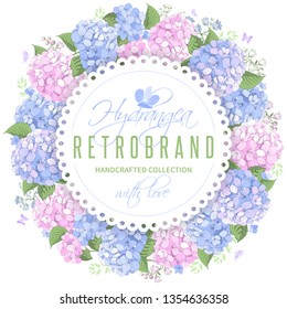 Vector circle frame with blue and pink hydrangea flowers on white background. Gentle floral design. Can be used as design element for wedding , greeting card, package and other.