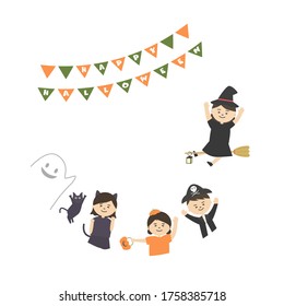 Vector circle frame of children wearing halloween costumes