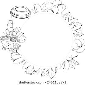 Vector circle frame coffee cup and macaroons. French pastry dessert. Paris café bakery, hand drawn illustration. Black silhouette for circuit. Design of postcards, menus, packages