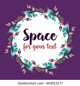 Vector circle frame with colorful feathers on purple background and space for text 