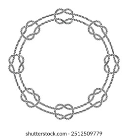 Vector circle frame composed of two circles connected by knots formed by twisted ropes. Nautical circle frame. Isolated on white background
