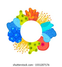 Vector circle frame with corals. Colorful sea or ocean life. Print on clothes, card, poster, cover, package, postcard, brochure, flyer for water park, aquarium or marine exhibition. Sticker, label