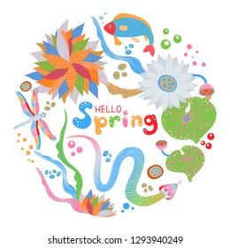 Vector circle frame. Circle decoration. Colorful illustration made of flowers and animals. Spring elements. Floral fnd fauna doodles.