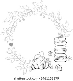 Vector circle frame french croissant and macaroons. French pastry dessert. Paris café bakery, hand drawn illustration. Black silhouette for circuit. Design of postcards, menus, packages
