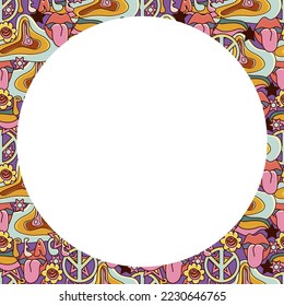 Vector circle frame. Groovy retro background in 70s style.