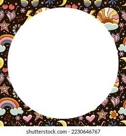 Vector circle frame. Groovy retro background in 70s style.